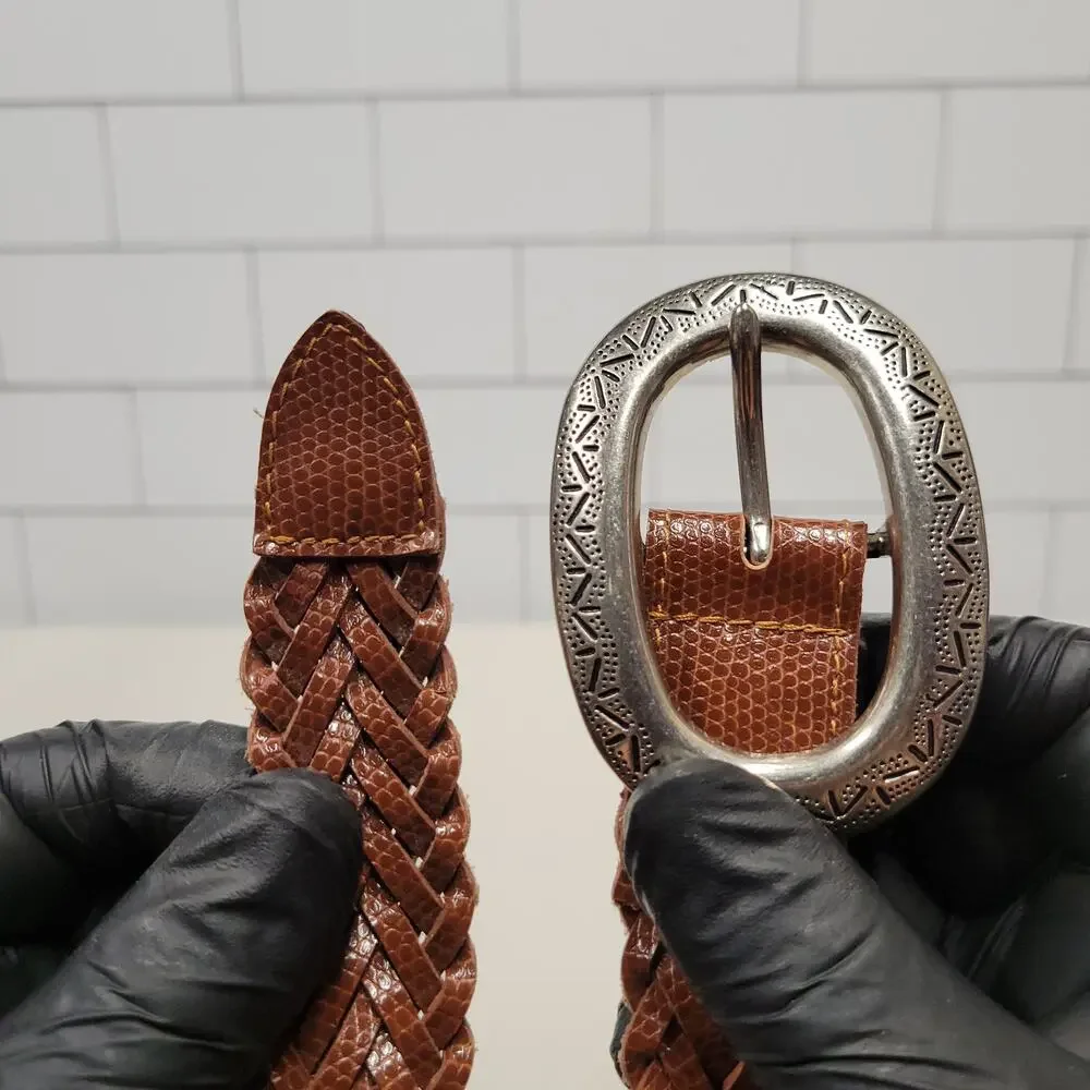 ADR Brown Braided Leather Belt Oval Engraved Buckle Women's Size S/M